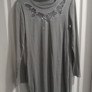 Gray Long Sleeve Top with Embellished Design